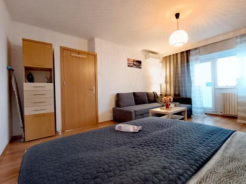 a bedroom with a large bed and a couch at Sunrise Beachfront Relax Studio in Constanţa