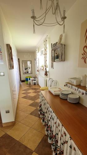 een kamer met een aanrecht met borden erop bij Willa Rąbanisko z sauną fińską in Dzianisz