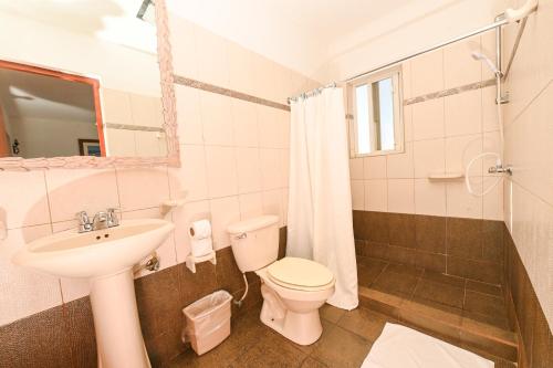 een badkamer met een wastafel, een toilet en een douche bij E Solo Aruba Apartments in Oranjestad