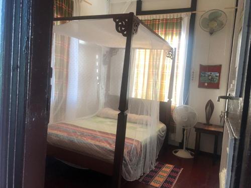 a bed with a canopy in a room at Pied a Terre in Paramaribo