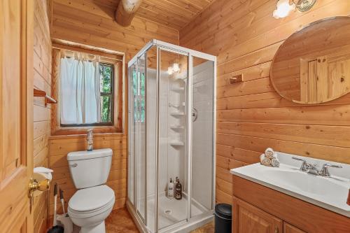 a bathroom with a shower and a toilet and a sink at Lovely & Rustic TreeHouse Cabin - Stargazing in the Pines! in Mountainaire