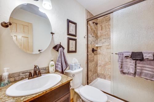 a bathroom with a sink and a toilet and a mirror at Pet-Friendly Florissant Cabin with Fire Pit! in Florissant