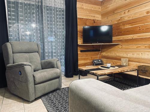 ein Wohnzimmer mit einem Stuhl und einem TV in der Unterkunft Appartement à 2 mins du centre in Sarlat-la-Canéda