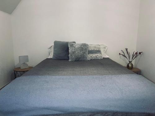 Schlafzimmer mit einem Bett mit blauer Bettwäsche und Kissen in der Unterkunft Appartement à 2 mins du centre in Sarlat-la-Canéda