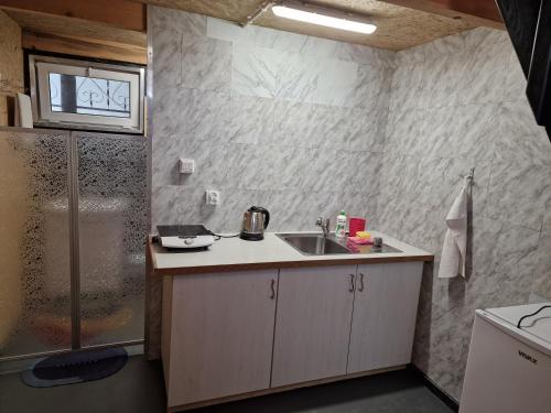 a small kitchen with a sink and a shower at Agroturystyka GRAMBURG in Zblewo