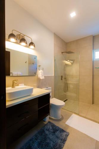 a bathroom with a sink and a toilet and a shower at Villa Blue Amber Cabarete in Cabarete