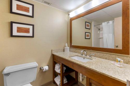 a bathroom with a sink and a toilet and a mirror at Comfort Inn St Louis - Westport Event Center in Maryland Heights