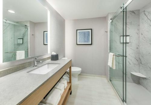 La salle de bains est pourvue d'un lavabo et d'une douche. dans l'établissement Hyatt Place Newark-Main Street, à Newark