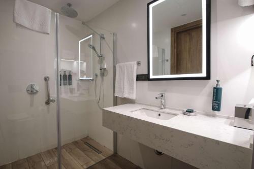 a white bathroom with a sink and a shower at Hilton Garden Inn Ankara Dikmen in Ankara