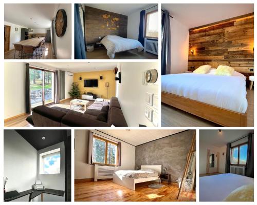 a collage of pictures of a bedroom and a living room at Logement chaleureux haut de gamme dans le Trièves - WIFI - NETFLIX in Clelles