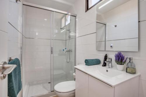 a bathroom with a shower and a toilet and a sink at Precioso apartamento en el centro de Las Américas a 100 metros de la playa in Playa de las Americas