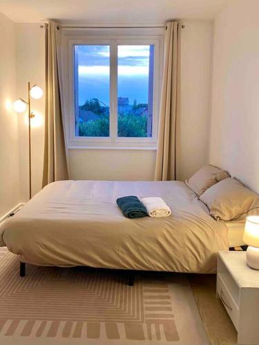 2 bedrooms, 15min from Paris, free parking في Deuil-la-Barre: غرفة نوم بسرير كبير مع نافذة