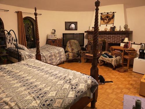 ein Schlafzimmer mit einem Bett und ein Wohnzimmer in der Unterkunft La Templière in Val-David