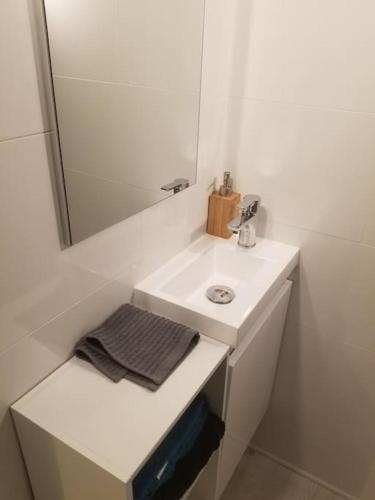 Baño blanco con lavabo y espejo en Petit cocon 3 calme au cœur historique, en Périgueux