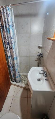 een badkamer met een toilet, een wastafel en een douche bij Studio monoambiente 2 pax in El Hoyo