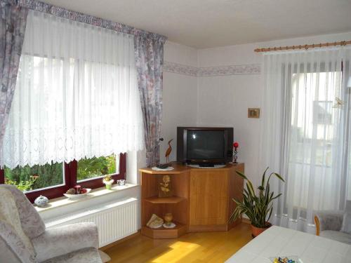 ein Wohnzimmer mit einem TV und 2 Fenstern in der Unterkunft Holiday home in Bergen/Insel Rügen 2847 in Bergen auf Rügen