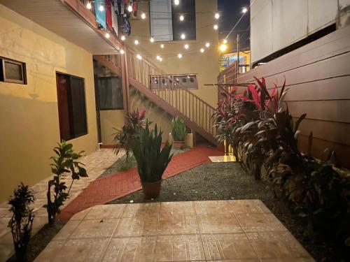 a hallway with a staircase with plants and lights at Casa Bella Vista in Quepos