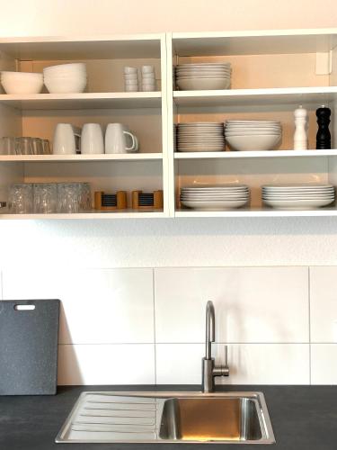 a kitchen counter with a sink and plates on shelves at 93qm-4 Rooms-WiFi-City Centre in Kassel