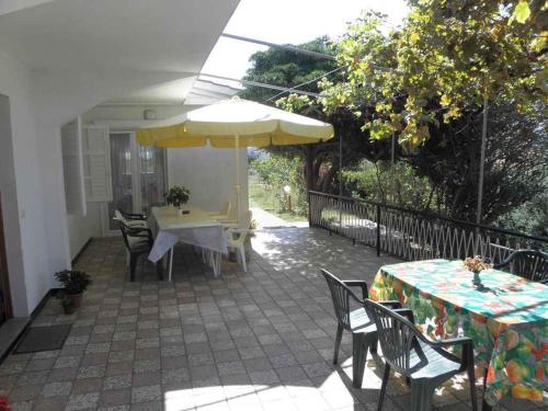 un patio avec tables, chaises et un parasol dans l'établissement Apartment in Barbat - Insel Rab 16122, à Barbat na Rabu