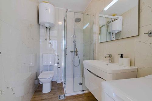 Un baño con ducha, inodoro y lavabo. en Apartment in Prizba - Insel Korcula 6404, en Prizba