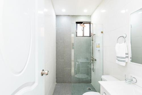 a bathroom with a shower and a toilet and a sink at Residencial García apt 5 in La Romana