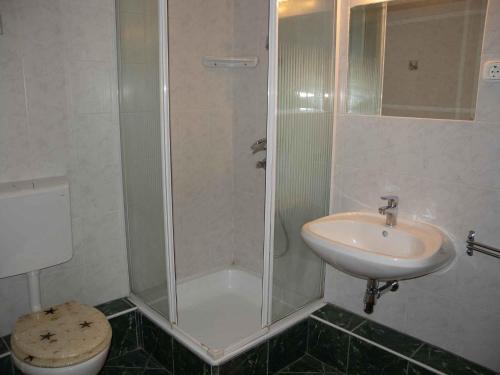 een badkamer met een douche, een wastafel en een toilet bij Apartment in Balatonlelle 19177 in Balatonlelle