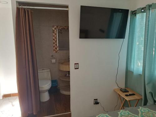 a bathroom with a toilet and a television on the wall at Habitacion Amueblada Independiente in Mexico City