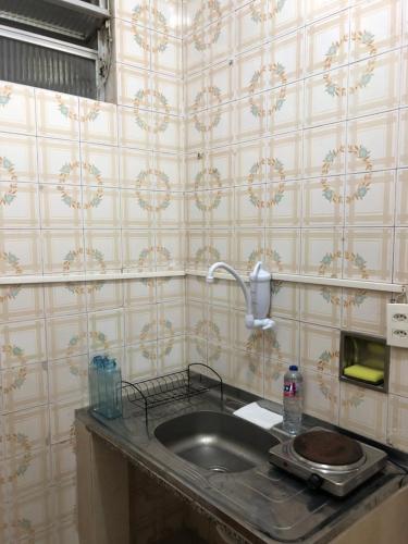 a kitchen with a sink and a wall at Aconchegante Lapa in Rio de Janeiro