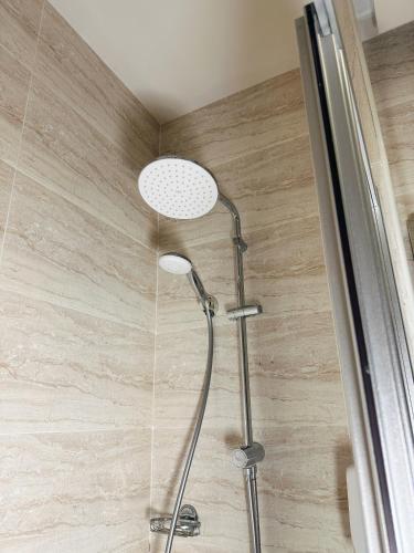 a shower with a shower head in a bathroom at Mildom Premium Hotel in Almaty