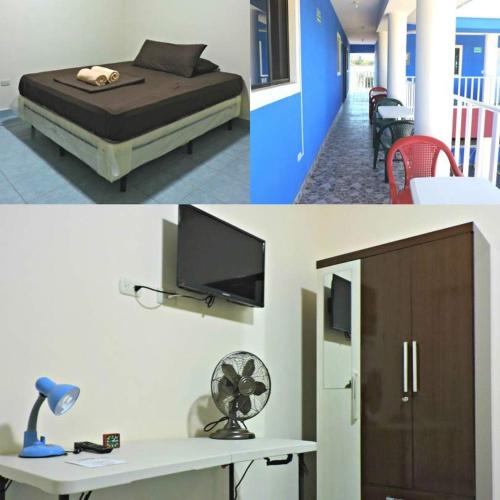 2 fotos de un dormitorio con cama y escritorio en Montecristi Hotel Near the Nicaragua Intl Airport, en Managua