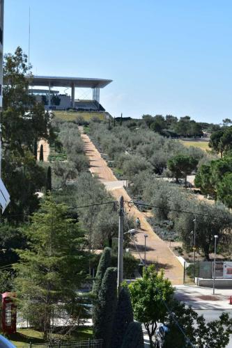 a view of a hill with trees and a road at Stavros Niarhos apartment in Athens