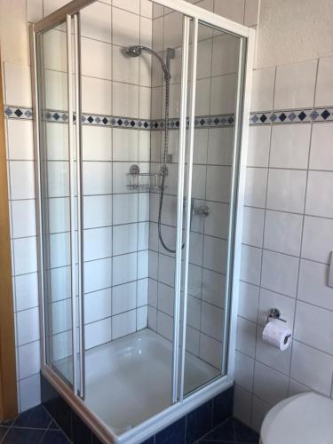 ヴェステンドルフにあるAppartment Martinのバスルーム(ガラスドア付きのシャワー付)
