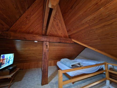 Cette petite chambre mansardée comprend un lit et une télévision. dans l'établissement Bel appartement rénové (Le Nichoir), à Cornimont