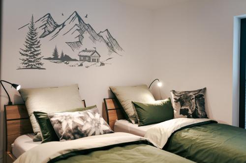 Ένα ή περισσότερα κρεβάτια σε δωμάτιο στο Chalets Woid_Liebe&Glück
