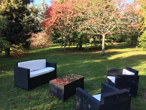 - un groupe de chaises et un foyer extérieur dans la cour dans l'établissement Domaine du parc, à Grandvillers