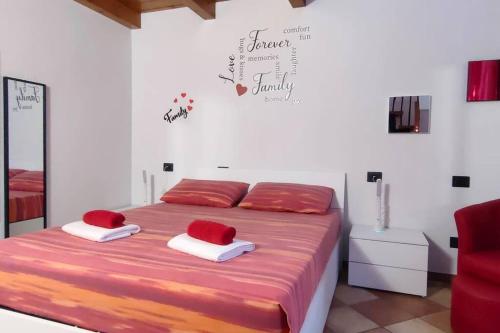 ein Schlafzimmer mit einem Bett mit roten Kissen darauf in der Unterkunft la casa di trilly in Vigevano