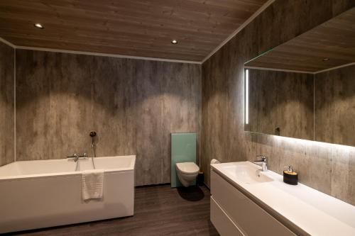 a bathroom with a sink and a toilet and a mirror at Aurora Borealis Observatory in Silsand