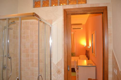 a bathroom with a shower and a sink at B&B La Pavoncella in San Teodoro
