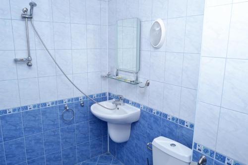 a blue and white bathroom with a sink and a toilet at Svetlana Hotel in Byala