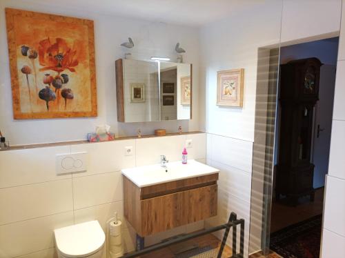 a bathroom with a sink and a toilet and a mirror at Dopplerhof's Staufenhaus in Piding