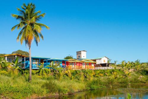 un grupo de casas con una palmera junto a un río en Villasollagoinha, en Paraipaba