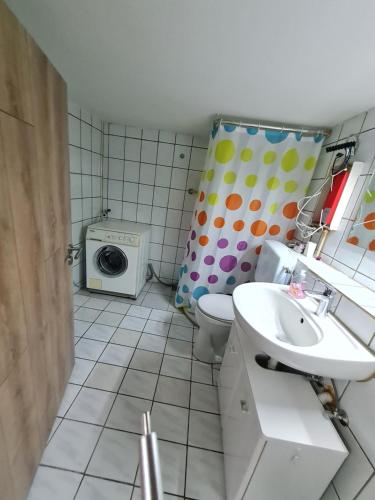 a bathroom with a toilet and a sink and a washing machine at Ramstein in Ramstein-Miesenbach