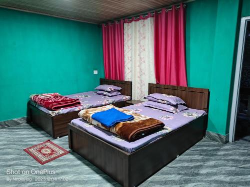 two beds in a room with green walls at RKD HOMESTAY in Kurseong