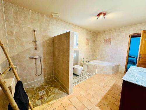 ein Badezimmer mit einer Dusche, einer Badewanne und einem WC in der Unterkunft La Roselière - Villa proche mer * Au calme in Fouras
