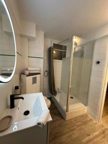 une salle de bain blanche avec une douche et un lavabo dans l'établissement L'éclectique - Appartement 40m2 + Parking, à Châteauroux