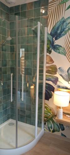 a shower in a bathroom with a green tiled wall at Magnifique Studio avec terrasse et accès piscine in Clam