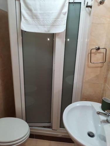 een badkamer met een douche, een toilet en een wastafel bij Roccaraso via Roma 13, TABÌA 22. in Roccaraso