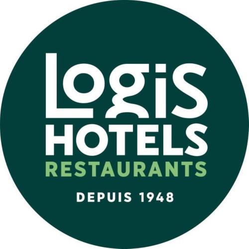 a green and white sign that reads resorts hotels restaurants at Logis Hôtel Le Bocage in Montmarault