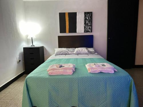 1 dormitorio con 1 cama con 2 toallas en Bco Santiago depto temporario en Santiago del Estero