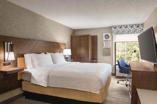 a hotel room with a bed and a desk and a television at Hampton Inn Kansas City - Airport in Kansas City